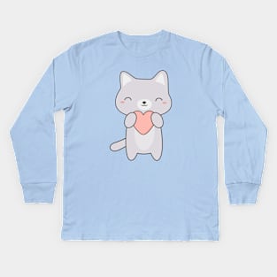 Kawaii Cute Gray Cat T-Shirt Kids Long Sleeve T-Shirt